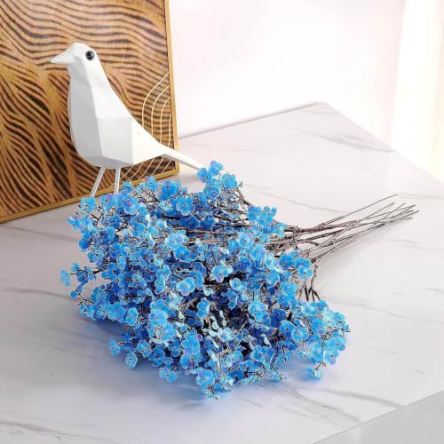 Image of CURATED CART Artificial Flowers Bunch, Baby's Breath Gypsohila Flowers, 2 Bunch for Vase Pot, Home Decoration, Living Room, Wedding, Fake Flowers, Color, (Vase Not Included) (Blue)