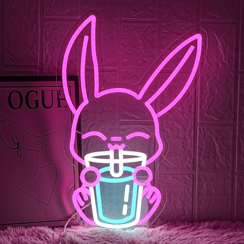 Image of Rabbit Drinking Milk Tea Neon Sign Easter Rabbit Neon Sign for Wall Decor Dimmable Led Pink Bunny Neon Lights USB Power Animal LED Sign for Home Decor for Bedroom Restaurant Easter Gifts