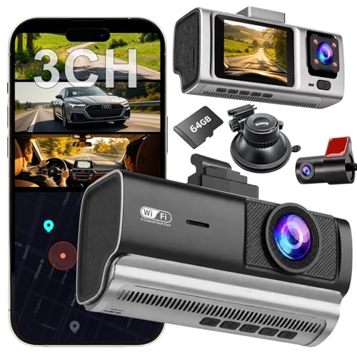 Image of 3 Channel Dash Cam Front and Rear Inside,2.5K+1080P+1080P Dash Camera for Cars,Free 64GB Card,Dashcam with WiFi,APP Control,Parking Monitor,Night Vision,Loop Recording
