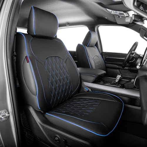 EKR Ram 1500 Seat Covers Custom Fit for (Crew Cab) RAM 1500 Big Horn/Rebel/Tradesman/Lone Star 2019-2026,Waterproof Leather Car Seat Cover for Trucks Full Set-Faux Leather (Black with Blue Piping) by EKR - Used condition - US$163.19