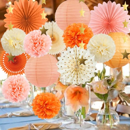 Décorations de fête d'automne beige, orange, pêche, éventails en papier, lanternes, décorations de fête en orange et crème pour bébé, fête nuptiale, mariage, fiançailles – vue 2