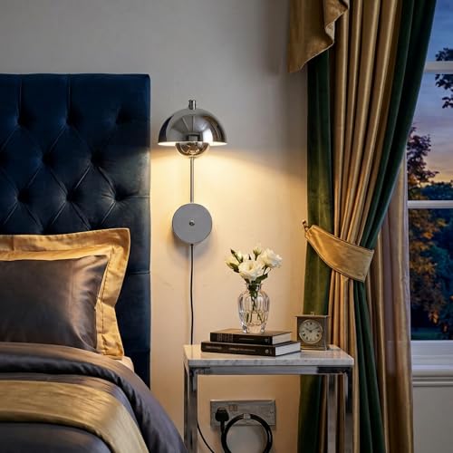 Image of COSYLUX Mid-Century Modern Bud Plug in Wall Sconces, Chrome | Indirect lighting reading wall lamp, all-metal construction, plug-in or hardwired install, fits bedroom bedside, living room