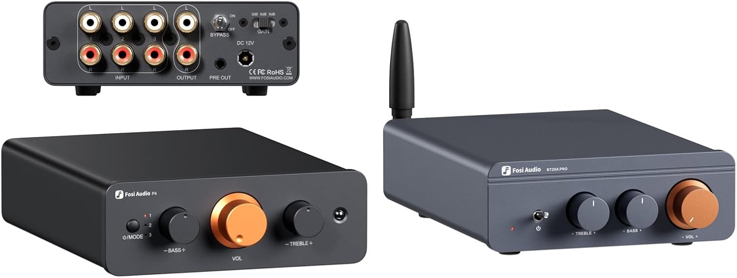 Fosi Audio BT20A Pro Bluetooth 5.0 Amplifier and P4 Mini Preamp with 3 RCA Inputs, Preamplifier with 3-Level Adjustable Gain 3/6/9 dB, Bass and Treble Control