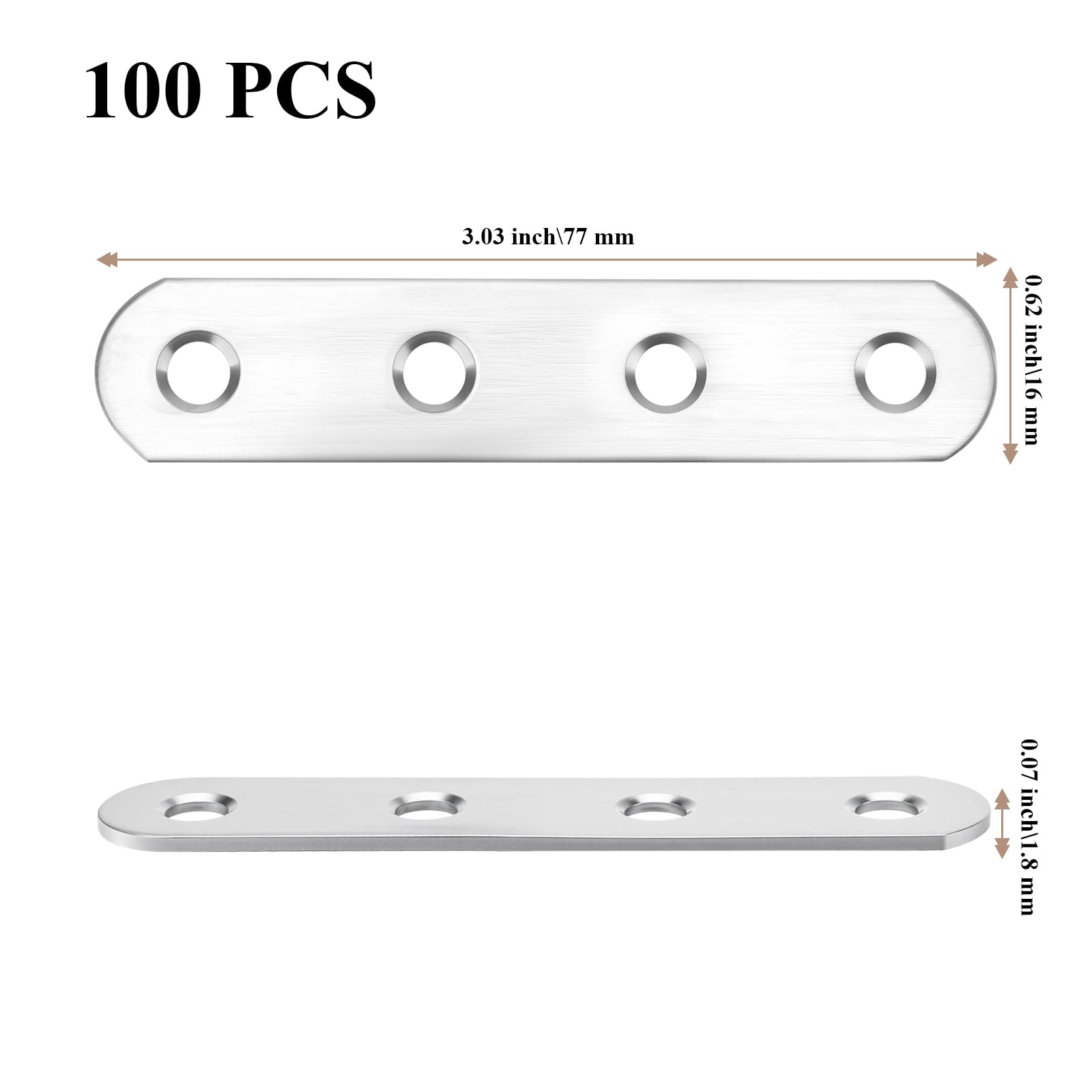 JIAYUET 100 PCS Flat Connecting Joining Brackets, 77 x 16 x 1.8mm Metal Straight Mending Brace Plates for Wood Repairing Fixing 4 Hole - Image 2