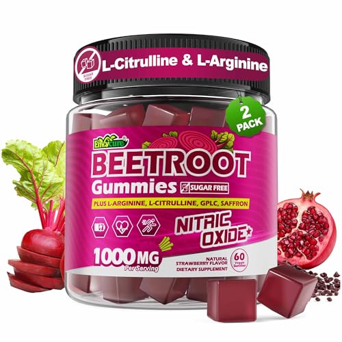 Image of Organic Beet Root Gummies with L-Citrulline & L-Arginine, Nitric Oxide Supplements for Men and Women, Grape Seed, Pomegranate, Saffron for Circulation, Vascular & Vitality, Vegan, Sugar Free, 120 Cts
