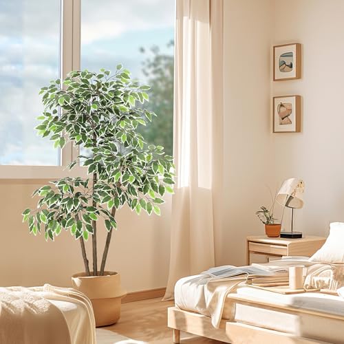 GarveeHome 5ft Artificial Ficus Tree,Tall Faux Floor Plant with White Tall Planter -Fake Plants for Home Decor Indoor with 3 Natural Trunks & White-Edged Leaves,Faux Greenery Tree for Garden Decor