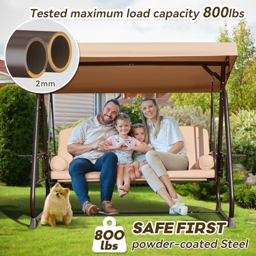 Image of 3 in 1 Outdoor Porch Swing with Adjustable Canopy, 3 Seat Outdoor Swing for Adults, Patio Swing Chair with Thickened Cushions,Pillows & Cup Holders for Backyard, Porch, Garden (Khaki)