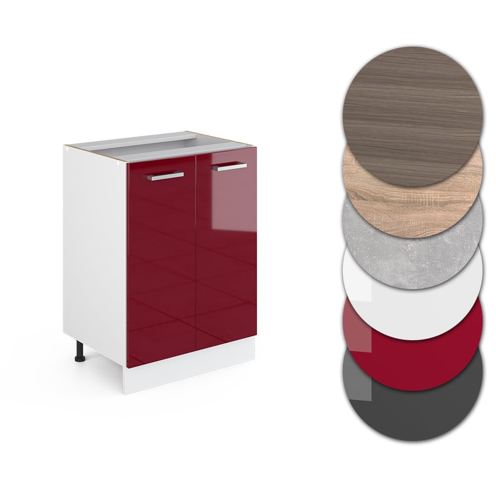 Vicco Mobiletto base cucina R-Line, Rosso lucido, 60 cm senza piano di lavoro, per la libera combinazione all'interno di sistemi cucina modulari