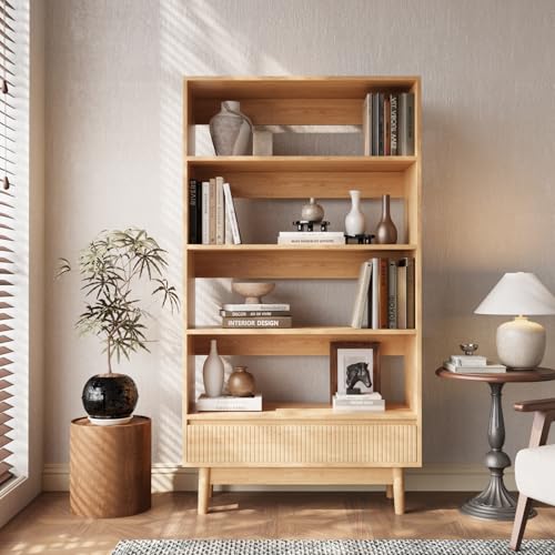 VOWNER Bibliothèque 4 Étagères avec Tiroir, Étagère Bois Ouverte, Meuble de Rangement Moderne, Bibliothèque Scandinave, pour Salon, Chambre, Bureau,...