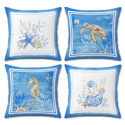 Bonhause Housse de Coussin Océan Bleu 45 x 45 cm Côtier Plage Tortue de mer Conque Décoratif Taie d'oreiller pour Canapé Salon Chambre Chaise Patio Maison...