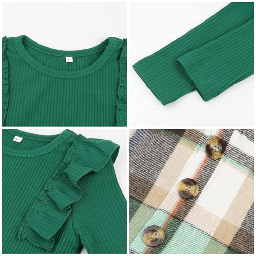 Image of AGQT Toddler Girls Fall Winter Clothes Long Sleeve Ribbed T-Shirt Knit Tops Plaid Button Mini A-line Skirts Set Outfits
