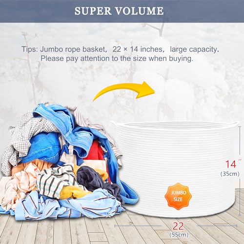 Image of Extra Large Blanket Basket 87L, Laundry Hamper, Baby Nursery Hamper for Storage Toys Clothes Towels, Large Cotton Rope Laundry Basket for Girls Boys, 22 inchx 14 inch, White
