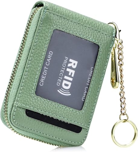 DAEFAG Cartera Minimalista de Piel auténtica para Mujer con Llavero Desmontable, protección RFID, Capacidad para 12 Tarjetas, Color Rosado de 4.3 x 3 x 0.7 Pulgadas, i, #6 Verde Menta