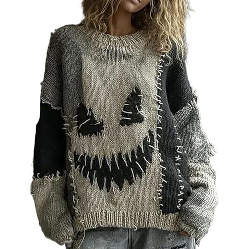 Halloween Kostüm Damen, Horrormuster Sweatershirt Langarm Rundhals Pulli Ohne Kapuze Oversize Locker Oberteil Modisch und Lässig Warmer Übergangs Pullover Retro-Patchwork-Pullover Party Strick Pulli Halloween Kostüm Damen, Horrormuster Sweatershirt Langarm Rundhals Pulli Ohne Kapuze Oversize Locker Oberteil Modisch und Lässig Warmer Übergangs Pullover Retro-Patchwork-Pullover Party Strick Pulli