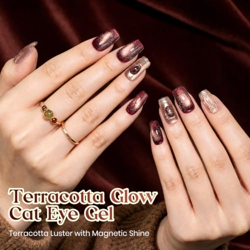 Image of Beetles Burgundy Red Cat Eye Gel Polish, Terracotta Glow 15ml Magnetic Gel