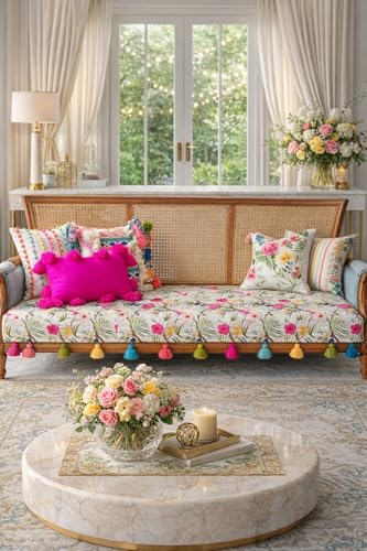 Image of WWW.THROWPILLOW.IN Neutral Tropical Floral Sofa Cover Tassels: Designer Premium Sofa Cover: Durable Sofa Throw, Wrinkle Free: Seat & Front Back Protection -Set of 3 Covers- Fits: 2+2+1 Seater