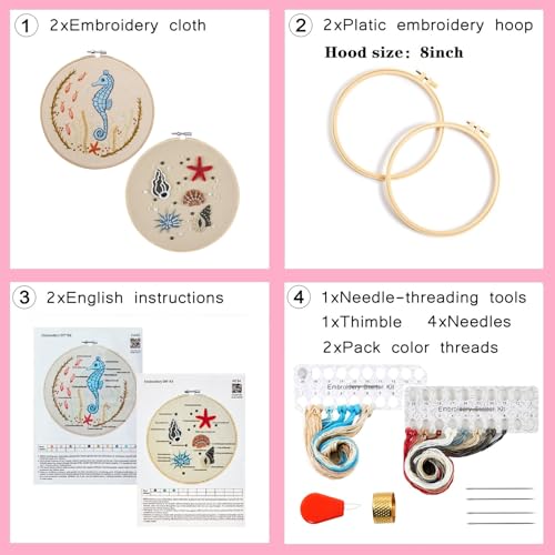 Image of Beach Embroidery Kits for Beginners Adults, Coastal Hand Embroidery Set Needlepoint Kits, Stamped Cross Stitch Kits for Beginners Adults, 2 Embroidery Hoops, Fabric, Thread (Attached Video Tutorial)