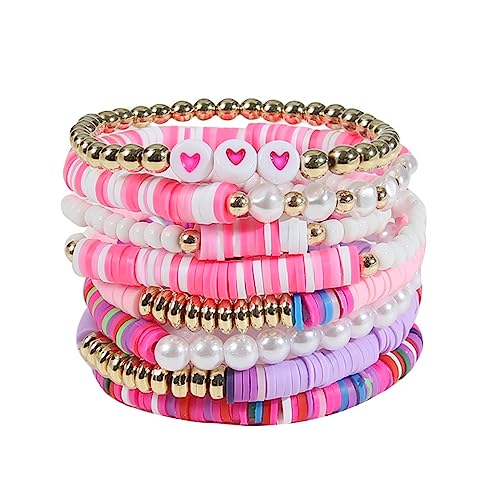 Colorful Bling 5-12Pcs Bohemian Love Heart Bead Bracelets For Women Vinyl Disc Heishi Surfer Stackable Stretch Bracelet Summer Beach Boho Jewelry-8Pcs Purple Pearl cover