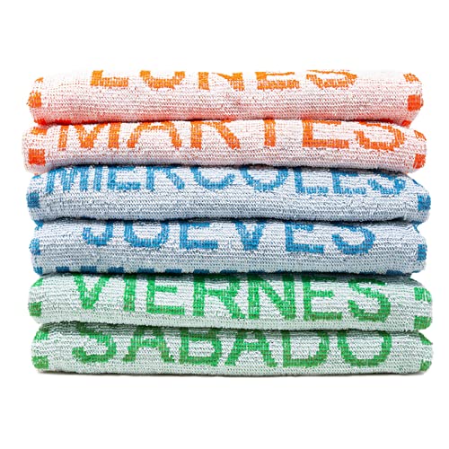 QILZO® 6 Paños de Cocina 50 x 44cm 350 g/m² Algodón, Toallas de Cocina absorbentes, Juego de 6 paños de Cocina Suaves y duraderos, Diseño de Lunes a Sábado Colores Aleatorios, Fabricado en España Cover
