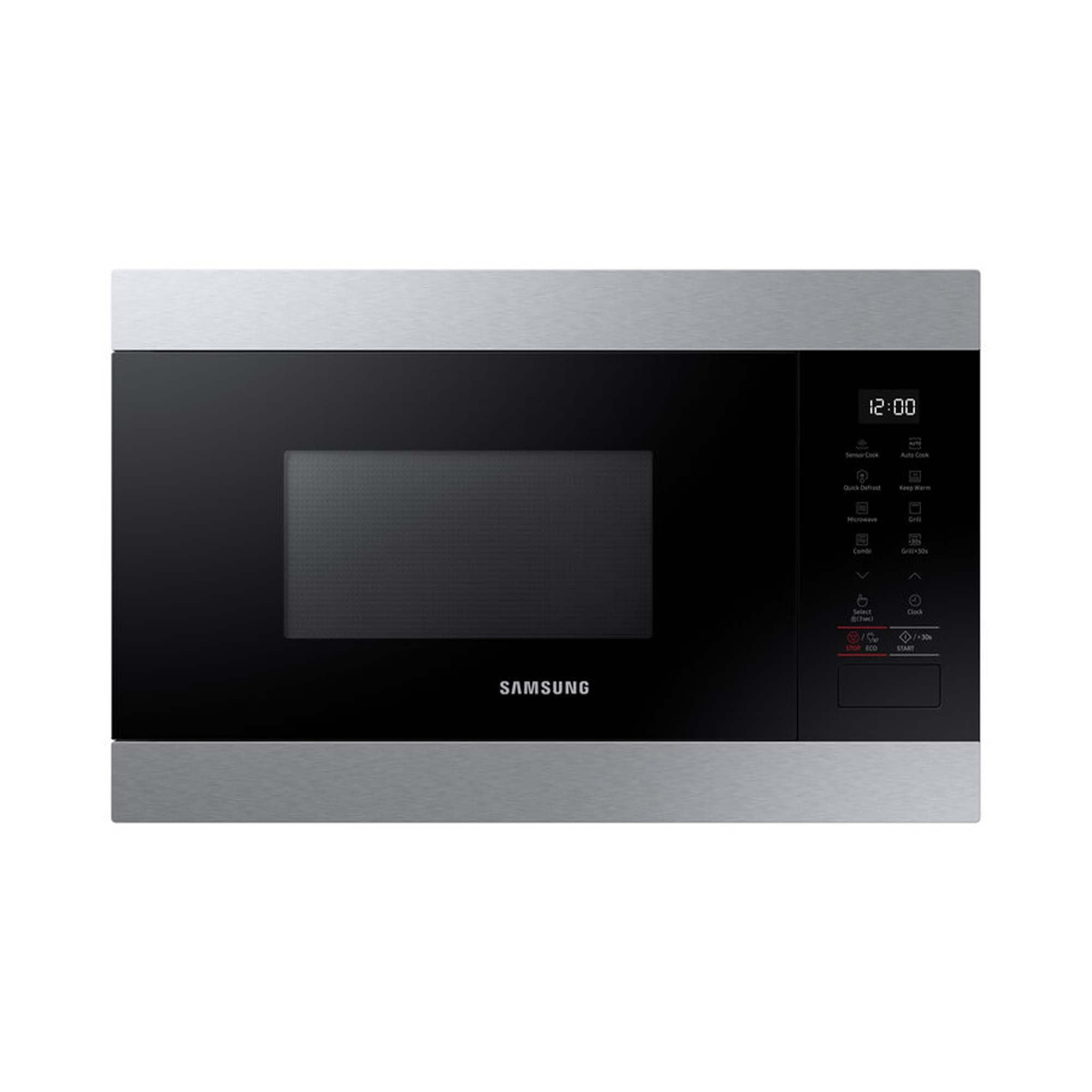 Samsung MG22M8274AT/E1 Einbau-Mikrowelle mit Grill, 850 W, 22 l Garraum, Kleines Mikrowellengerät für 38 cm Nischen, Warmhaltefunktion, Smart Sensor, Kratzfester Emaille-Innenraum, Edelstahl