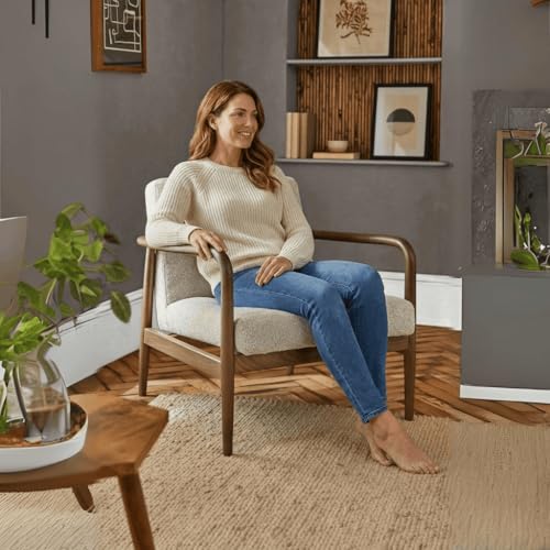 Image of Kingsman Furnitures Benette Premium Teak Wood Armchair for Living Room | Bedroom | Drawing Room | Elegant Matte Finish with Luxurious | Comfortable and Durable Seating (BENETT-Boucle)