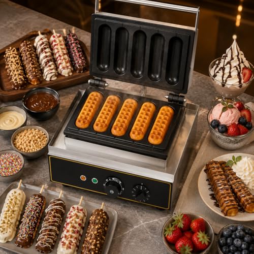 Image of 5 Stick Waffle Maker Machine, Commercial Electric Waffle Stick Maker, Professional Belgian Waffle Machine for Cafe Bakery