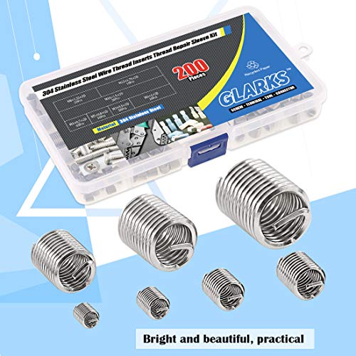glarks 200pcs wire inserts screws sleeve assortment kit 304 stainless steel metric m3 m4 m5 m6 m8 m10 m12 wire thread inserts helical type coiled wire screw repair sleeve for automotive repairs