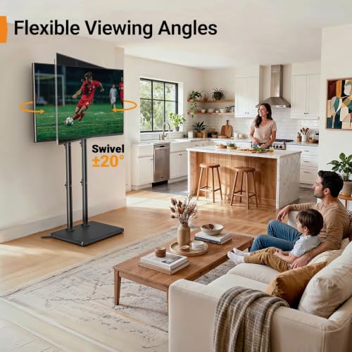Image of Perlegear Universal Floor TV Stand for 32-75 inch TVs up to 110 lbs, Height-Adjustable Tall TV Stand with Solid Wood Base & Extra-Stable Anti-Tip Feet, Swivel TV Mount for Bedroom, VESA 400x400, PGFLS34B