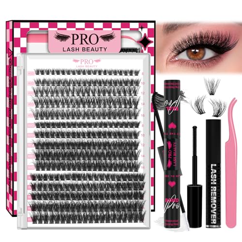 PRO LASHBEAUTY Lash Clsusters Kit Eyelash Extension Kit Wispy Cluster 3D Volume Lash Extension Kit Individual Lashes Kit with Lash Glue Bond and Seal DIY at Home (60D+80D,8-16mix)