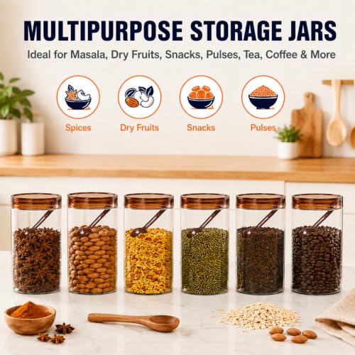 Image of Homeor Plastic Storage Jar & Containers With Spoon, Airtight & BPA Free Containers for Kitchen Storage, Grocery Kitchen Container, Multipurpose Jar, Fridge Storage Container, 2000 ML Set 6, Brown