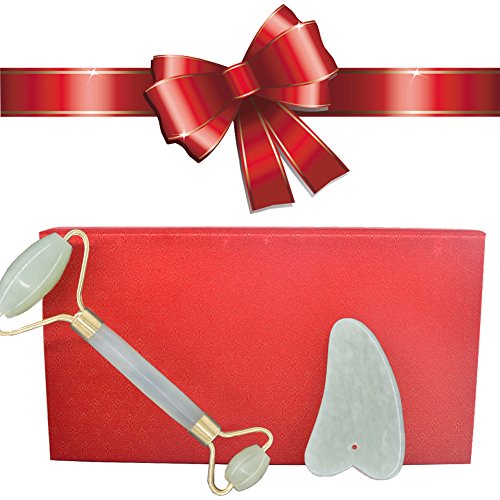Jade Roller and Gua Sha Scraping Anti Aging Massage Tool Set-Natural Jade Stone-for Body and Face Massage Roller Facial Skin Massager