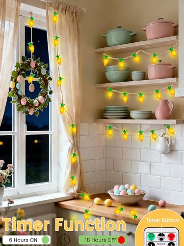 Image of YIQU Easter Decoration String Lights, 10FT 12LED Indoor Carrot Mantel Garland Battery Operated with Remote Timer 8 Modes, Hemp Rope Banner for Fireplace Table Wall Spring Party Indoor Outdoor Decor