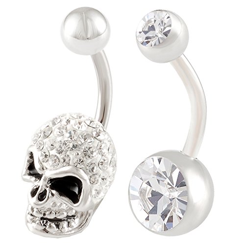 Bodyjewellery 2 Pcs 14G 3/8 Inch 10Mm Skull Crystal Belly Button Bars Rings Implant Grade Surgical Steel Navel Barbell Piercing Clear #TOP18