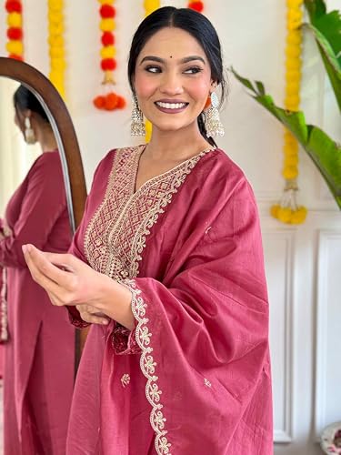 Image of Shiv Textiles Women's Chanderi Silk Embroidered Kurta Pant Dupatta Set(JDA-MADHAVI-Pink-L)