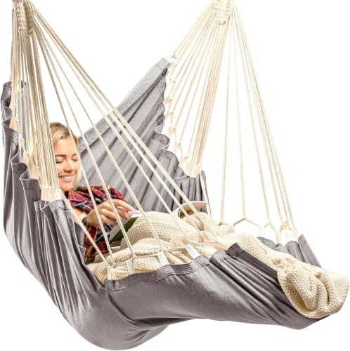 Image of Hanging Hammock Chair Swing - Hanging Chair Outdoor & Indoor - Hammock Swing Chair - Quick & Easy Setup with Hardware Kit - Upgraded UV-Resistant Polyester Straps, Durable & Spacious Full-Body Support