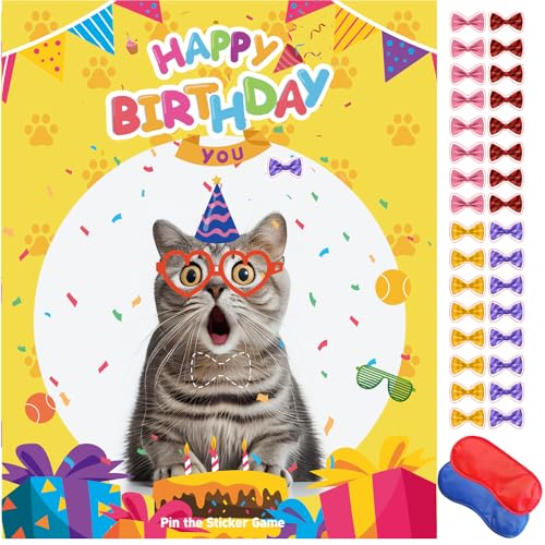 pin the sticker game Cat Birthday Party Games for Kids, Pin The Bow On The Cat, Cat Themed Pet Party Decorations Favors Supplies - 32 Stickers