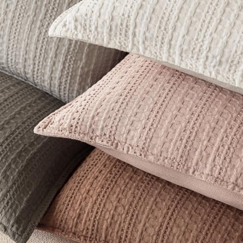 Image of Foindtower Set of 2 Decorative Cotton Waffle Weave Throw Pillow Covers Euro Shams Cushion Covers Accent European Pillowcase for Bed Couch Sofa Bedroom Living Room Home Decor 22x22 Inch Coral Pink