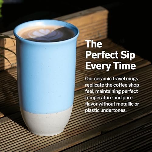 Image of NOVA CERAMICS Travel Mug - Ceramic Coffee Mug With Lid - Microwave & Dishwasher Safe Coffee White & Grey Tumbler - Fits In Cup Holder - 16oz - Coastal Drift