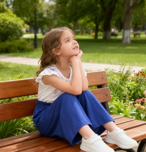 Image of Toddler Kid Girl Clothes Casual Ruffle Sleeve Floral Printed Top Solid Pants with Belt 3PC Outfit Set