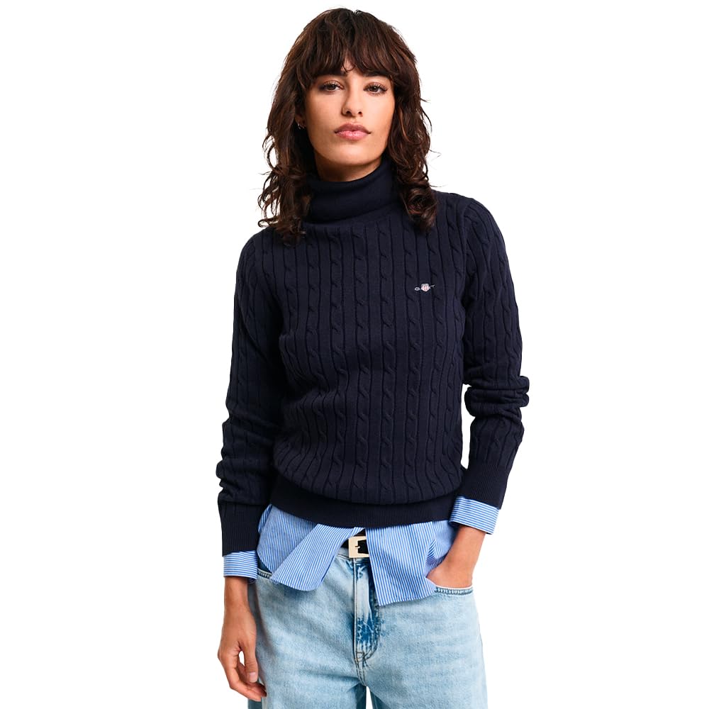 GANT Women's Stretch Cotton Cable Turtleneck Sweater, Evening Blue, M
