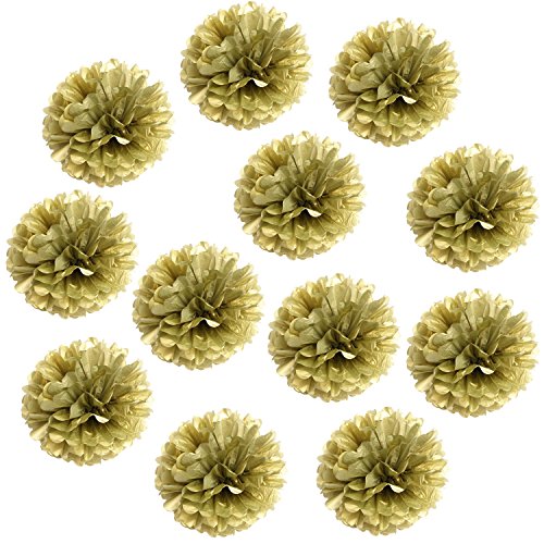 Landisun Exclusive Tissue Paper Flower Poms for Wedding Birthday Room Decoration (14" Inches (pack of 12), Gold)