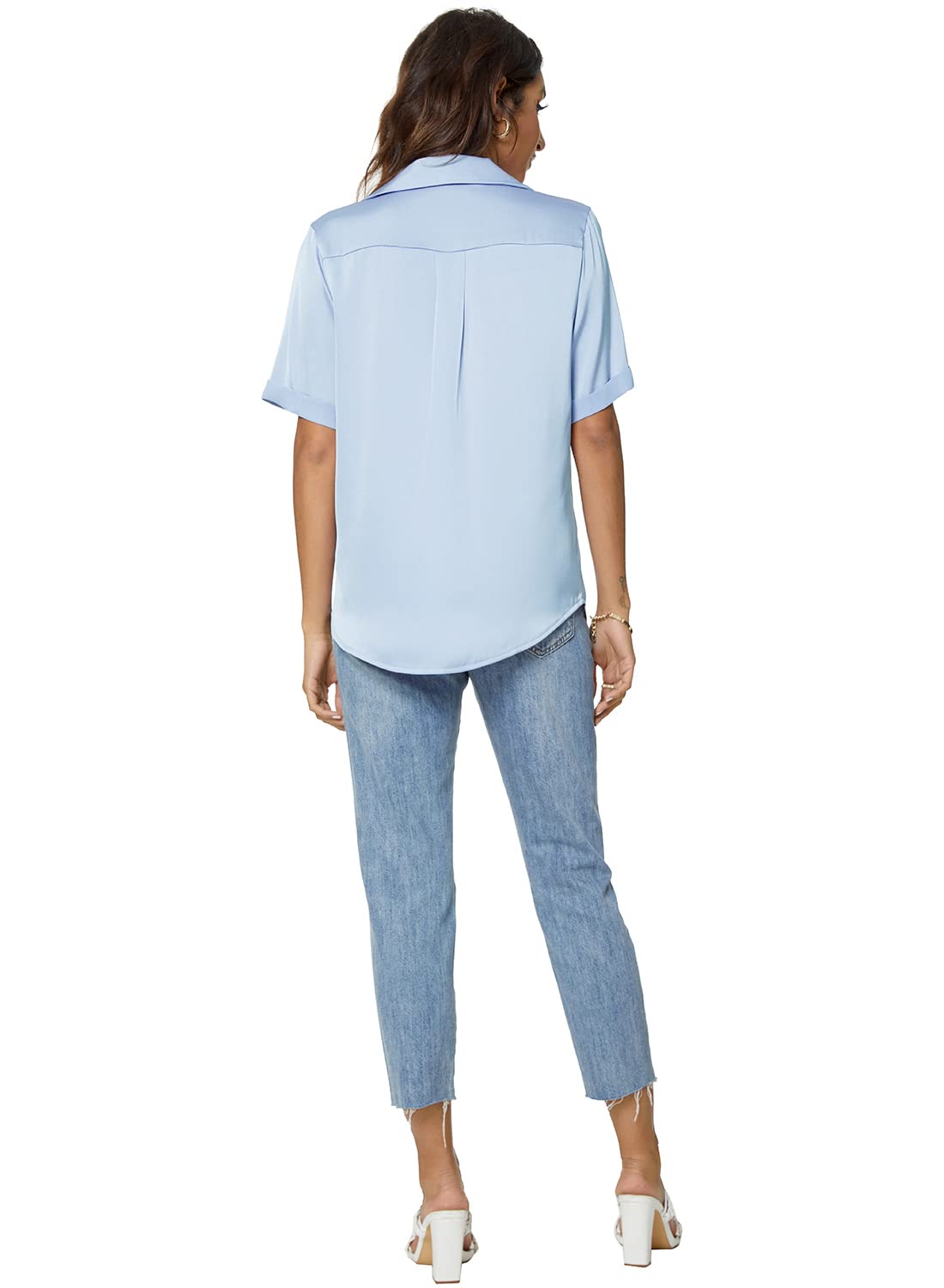 Atnlewhi Chemisier pour femme à manches courtes boutonnées en satin et soie - Style décontracté - Pour le travail - Pour l'été