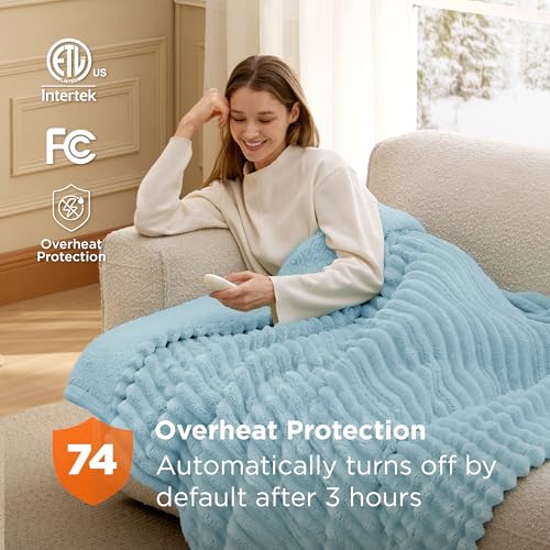 Image of Bedsure Heated Blanket Electric Throw - Thick Striped Flannel Electric Blanket, Heating with 4 Time Settings, 6 Heat Settings, and 3-Hour Timer Auto Shut Off, Gift for Grandma (50 inchx60 inch, Light Blue)
