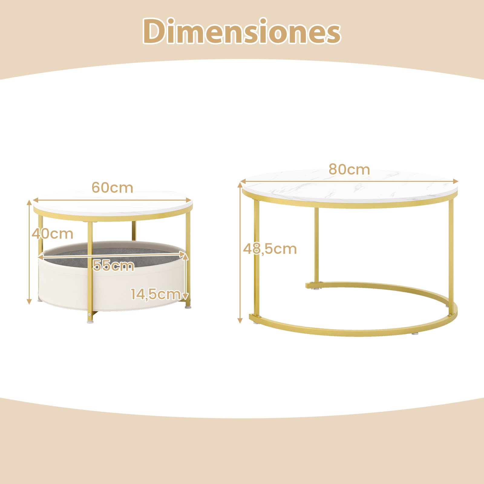 COSTWAY Juego de 2 Mesas de Centro Redondas, Mesitas Auxiliares con Cesta de Tela y Marco de Metal, Mesas Nido Apilables para Apartamento, Salon y Dormitorio, Mesillas de Noche