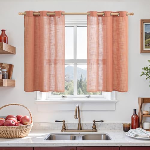Image of LAMIT Short Linen Curtains 40 Inch Length for Kitchen, Semi Sheer Light Filtering Window Curtains Farmhouse Boho Bronze Grommet Panels for Cafe /RV Camper, Terracotta, 2 Panels, 34 x 40 Inch
