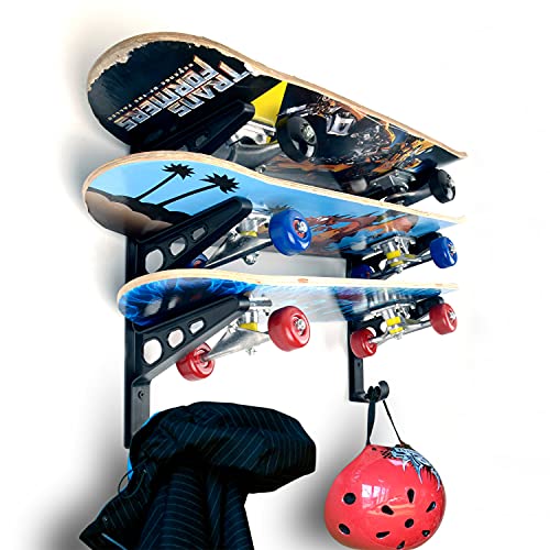CAIKEI Skateboard Storage Rack Wall Mounted Hanger Longboard Organizer Display Holder Skateboard Tool Storage for Home and Garage Space Saving for Skateboard Longboard Scooters Helmets and More