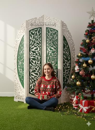 Image of Wooden Room Divider 6 Feet, 4-Panel Folding Wooden Partition for Living Room, Office, Pooja Room, Restaurant, Kitchen & Balcony (2W x 1.82H Meters). (White-Green)