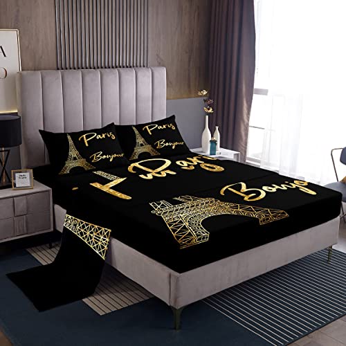 Feelyou Eiffel Tower Bed Sheets Chic Paris Theme Sheet Set for Kids Boys Girls Paris Cityscape Bed Set Modern French Golden Black Decor Sheets Bedroom Collection 4Pcs Queen Size