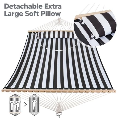 Image of SUNCREAT Double Quilted Hammock with Hardwood Spreader Bar, Extra Large Soft Pillow, Heavy Duty 2 Person Hammock for Indoor, Outdoor, Black Stripes