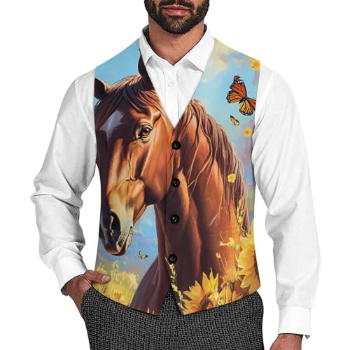 Horse Sunflowers And Butterflie Men's Formal Suit Vest for Business Formal Or Casual Dress Waistcoat Wedding